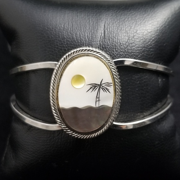 Fashion Jewelry Jewelry - Palm-Tree-Moon-Ocean Silver Bangle